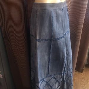 Sold on another site! Boho Blue Leather Maxi Skirt with Crochet Accents L